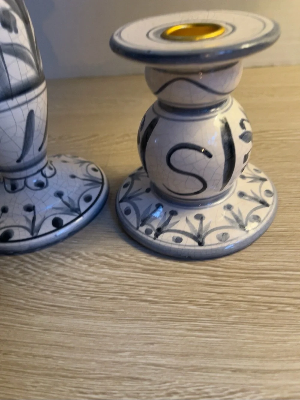 Blue White Crackle Glaze Ceramic Candlestick Holders Set 2 Folk Art 6.5” 4.5”